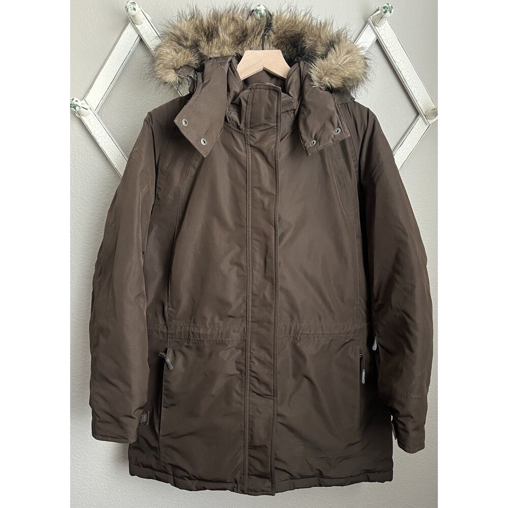 Eddie Bauer Women’s L 650-Fill Goose Down Parka Jacket Faux Fur - Brown